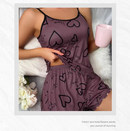 Women's Heart-Shaped Printed Pajamas Set Sexy Pajamas Silk Pleated Vest Shorts Set Soft and Comfortable Home Wear Sweet and Cute