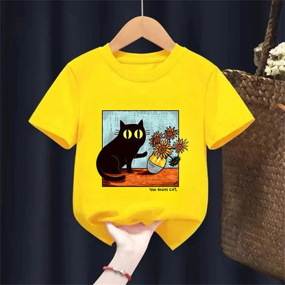 Van Gogh Cat Graphic T Shirts Boys/girls Flower Black Cat T-shirt Round Neck Short Sleeve Trendy Tee  Kawaii Kids Clothing