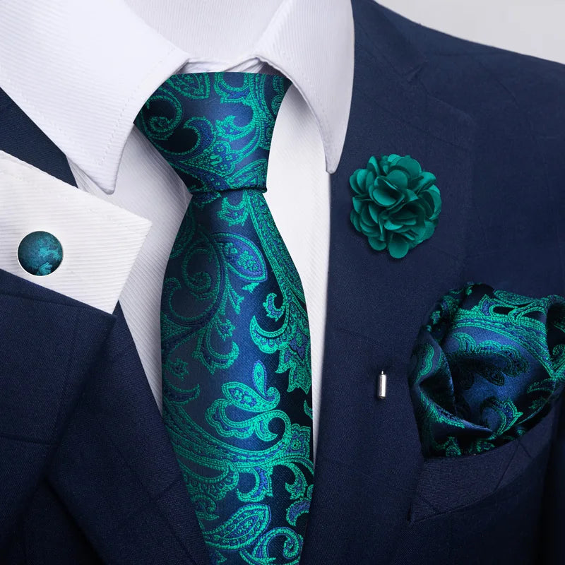 Luxury Mens Floral Black Gold Tie Set - Paisley Necktie Pocket Square Cufflinks  Brooch for Weddings and Parties