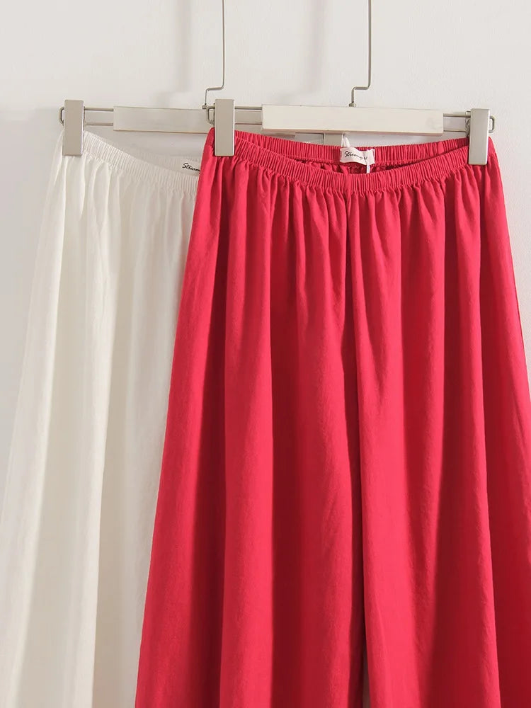 Wide Leg Red Pants For Women Cotton Long Bloomers White Autumn Elastic Waist Lantern Trousers Women Straight Practice Pants Lady