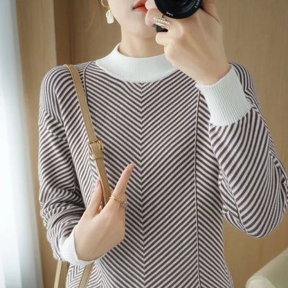 Women's autumn and winter 100% pure cotton knitted semi high neck pullover casual striped warm sweater fashionable hot selling