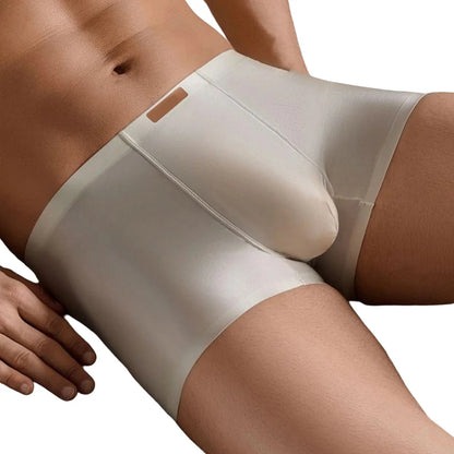 1pc Men Satin Trunks Seamless Shiny Boxer Shorts Ice Silk Middle Waist Panties Solid U Convex Bulge Pouch Underwear Breathable