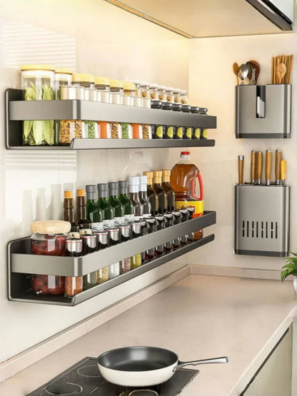 Multifunctional Wall-Mounted Spice Rack Kitchen Condiment Storage Shelf Holds Seasonings Tools Essential Kitchen Organizer Shelf