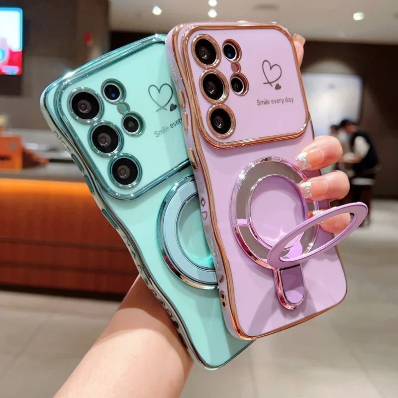 Wave Plating Side Love Heart Phone Case For Samsung Galaxy S26 S25 Ultra S24 S23 S22 A16 A55 Protect Lens Shockproof Back Cover