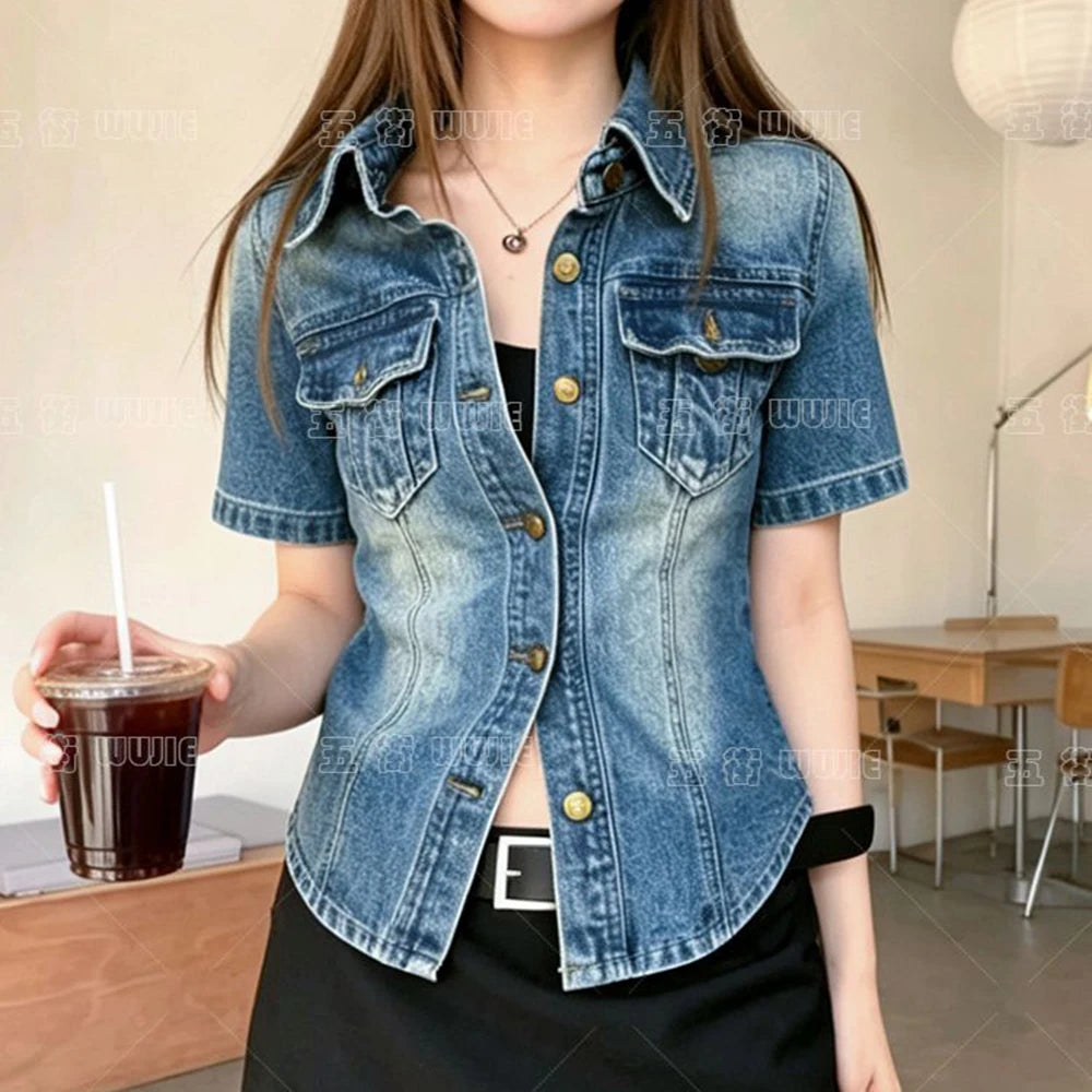 French retro Polo collar short-sleeved denim jacket women's summer 2026 fashion  loose single-breasted temperament top