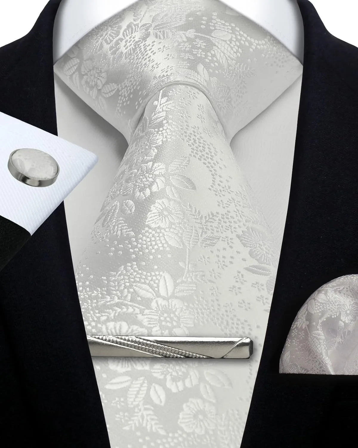 Mens Silk Tie Set - Silver Paisley Necktie with Pocket Square  Cufflinks for Formal Events
