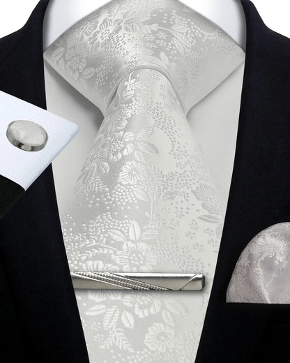 Mens Silk Tie Set - Silver Paisley Necktie with Pocket Square  Cufflinks for Formal Events