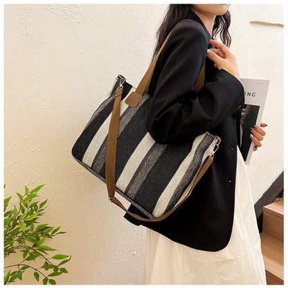 Striped Canvas Tote - Women's Crossbody Shoulder Bag With Zipper Closure, Versatile Daily Use