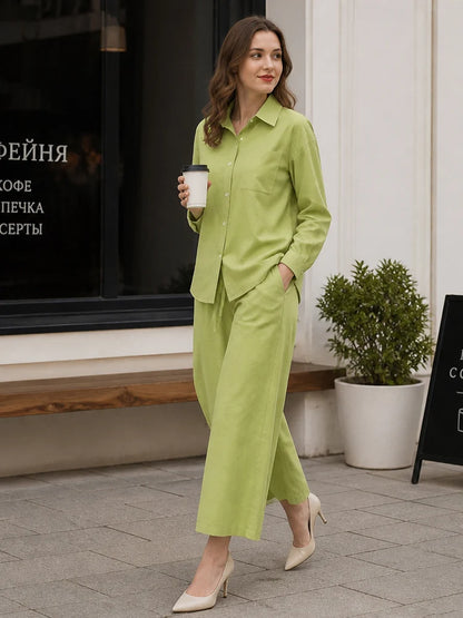 Streamgirl Linen Pants Sets For Women Summer Suits Pink Two Piece Trouser Women's Suit Sets Linen Shirt Set Oversize Outfit Suit