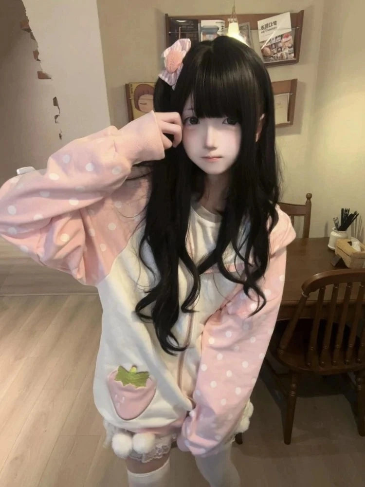 Japanese Kawaii Rabbit Ears Hoodies Tops Women Design Loose Dot Lace Patchwork Cute Coat Harajuku Chic Sweet Lovely Sweatshirts