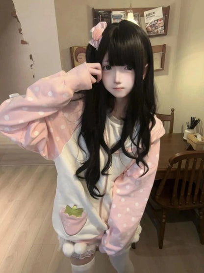 Japanese Kawaii Rabbit Ears Hoodies Tops Women Design Loose Dot Lace Patchwork Cute Coat Harajuku Chic Sweet Lovely Sweatshirts