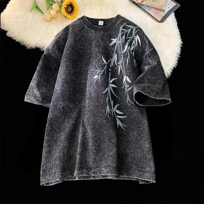Acid Washed T-Shirt - Men's Streetwear Tee With Bamboo Leaf Print | Oversized Loose Fit