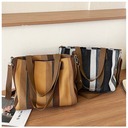 Striped Canvas Tote - Women's Crossbody Shoulder Bag With Zipper Closure, Versatile Daily Use