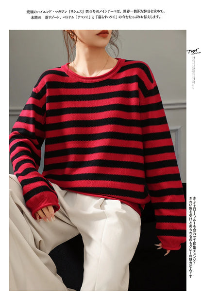 Fashion 100% pure cotton women's sweater autumn and winter casual striped knitted top loose Korean round neck women's pullover
