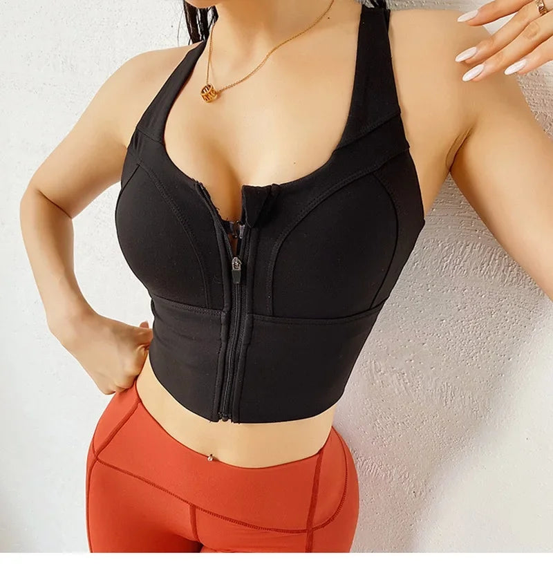 Front Zipper Sports Bra - Women's Athletic Crop Top, Push Up Wireless Fitness Tank