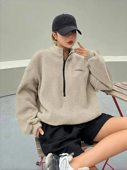 Autumn Winter Women Fleece Pullover High Neck 1/4 Zip Sweatshirts Retro Badge Green Loose Warm Teddy Outwear Harajuku Clothing