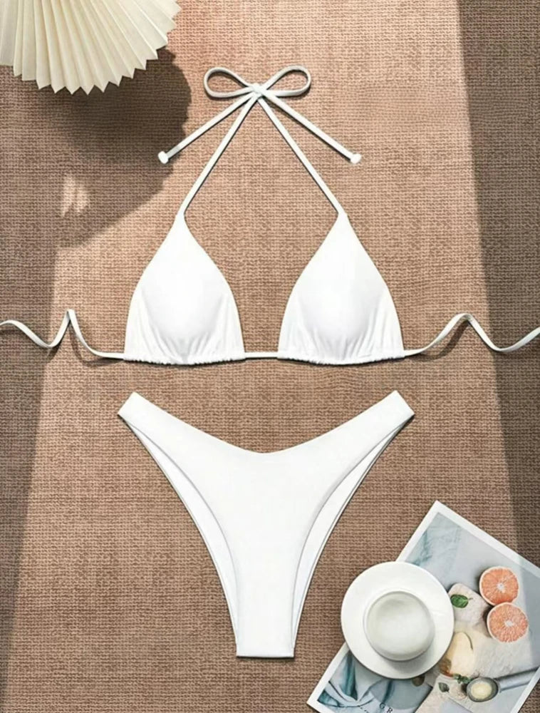 Womens Halter Thong Bikini - Sexy Lace-Up Brazilian Swimsuit in WhiteBlackCoffee - ZOOMNSTORE