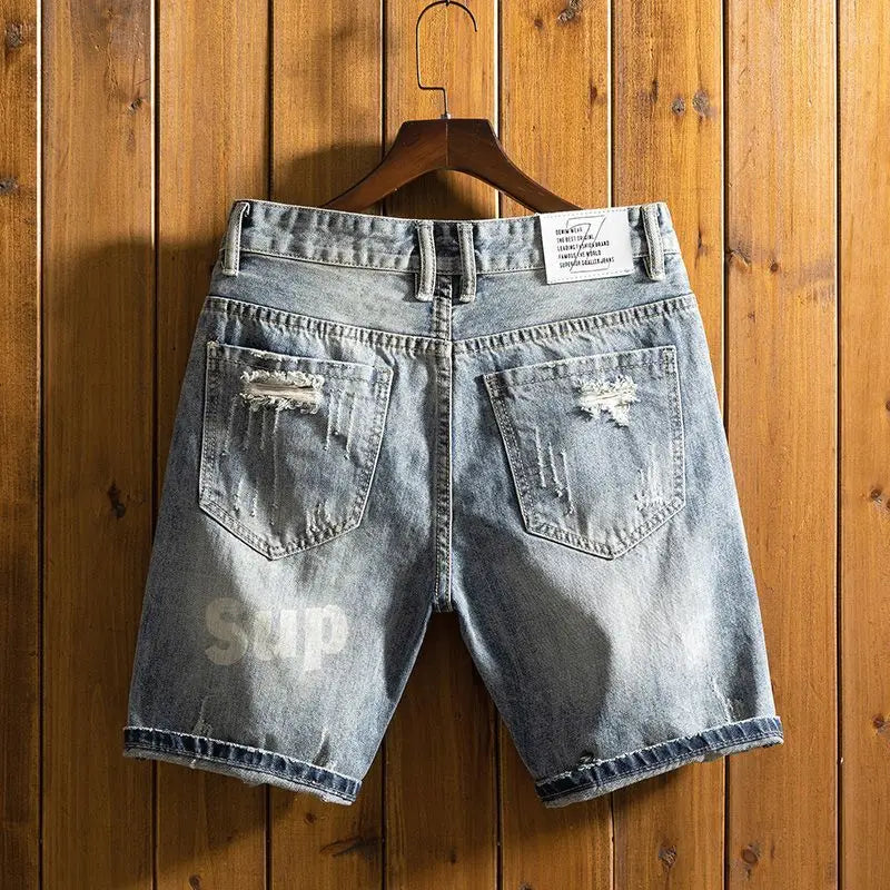 Denim Shorts Men - Casual Knee Length Cowboy Shorts With Button Fly & Slight Stretch