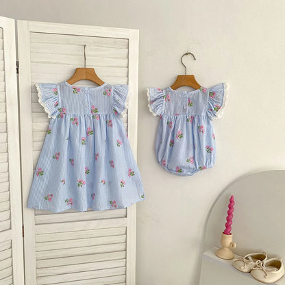 2026 New Summer 2-6Yrs Princess Round Neck Dress Striped Baby Girl Dress Flying Sleeve Cotton Embroidery Blue Sweet Dress