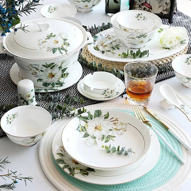 Bone China Dinnerware Set - Floral Ceramic Plates Bowls  Soup Pots