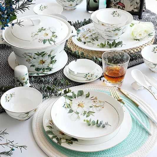 Bone China Dinnerware Set - Floral Ceramic Plates Bowls  Soup Pots
