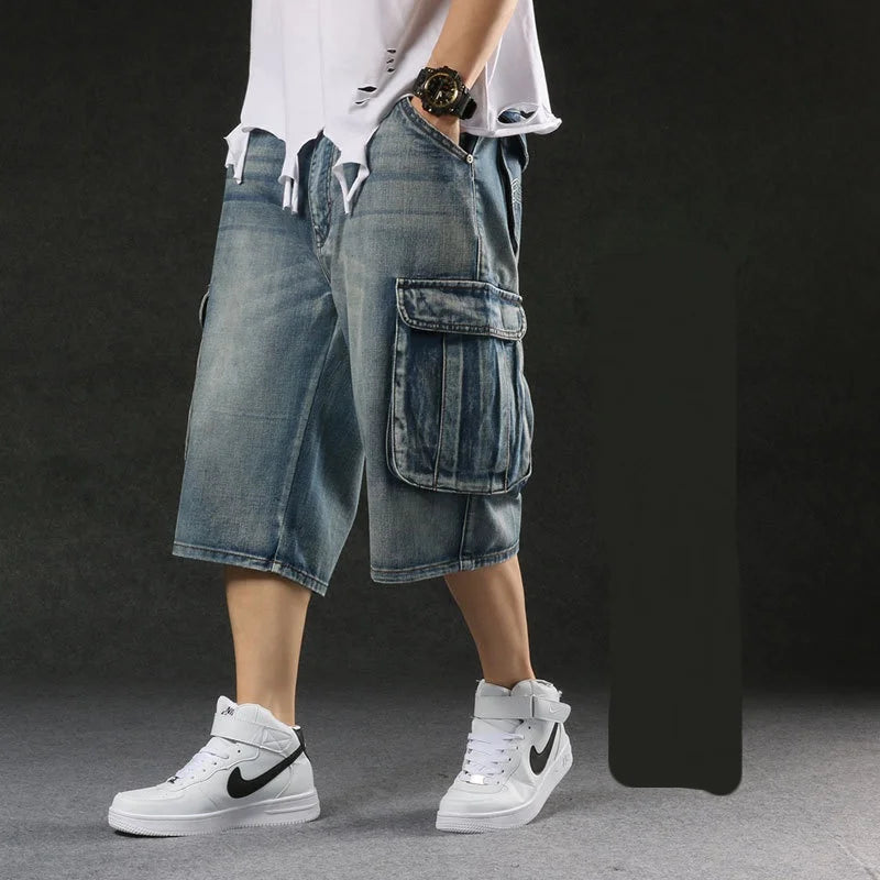 Baggy Denim Shorts - Plus Size Men's Cargo Jeans With Bleach Stone Wash