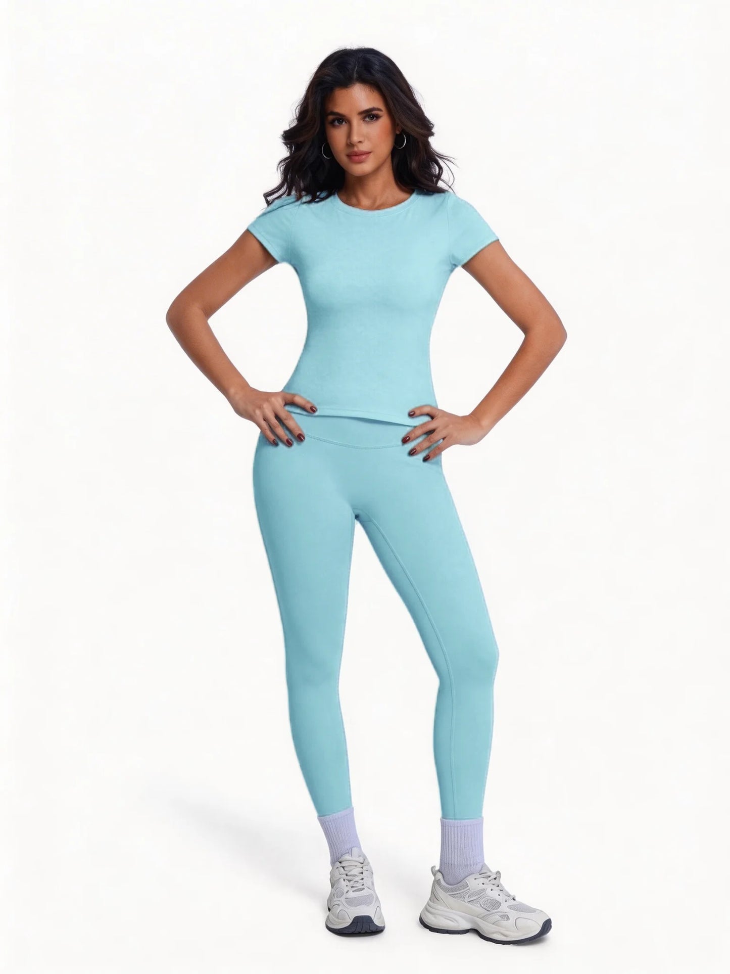 Women's 2 Piece Workout Set, Ultra-Soft Short Sleeve T-Shirt & High Waist Leggings, Seamless Butt Lifting Yoga Outfit for Gym, R