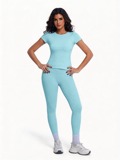 Women's 2 Piece Workout Set, Ultra-Soft Short Sleeve T-Shirt & High Waist Leggings, Seamless Butt Lifting Yoga Outfit for Gym, R