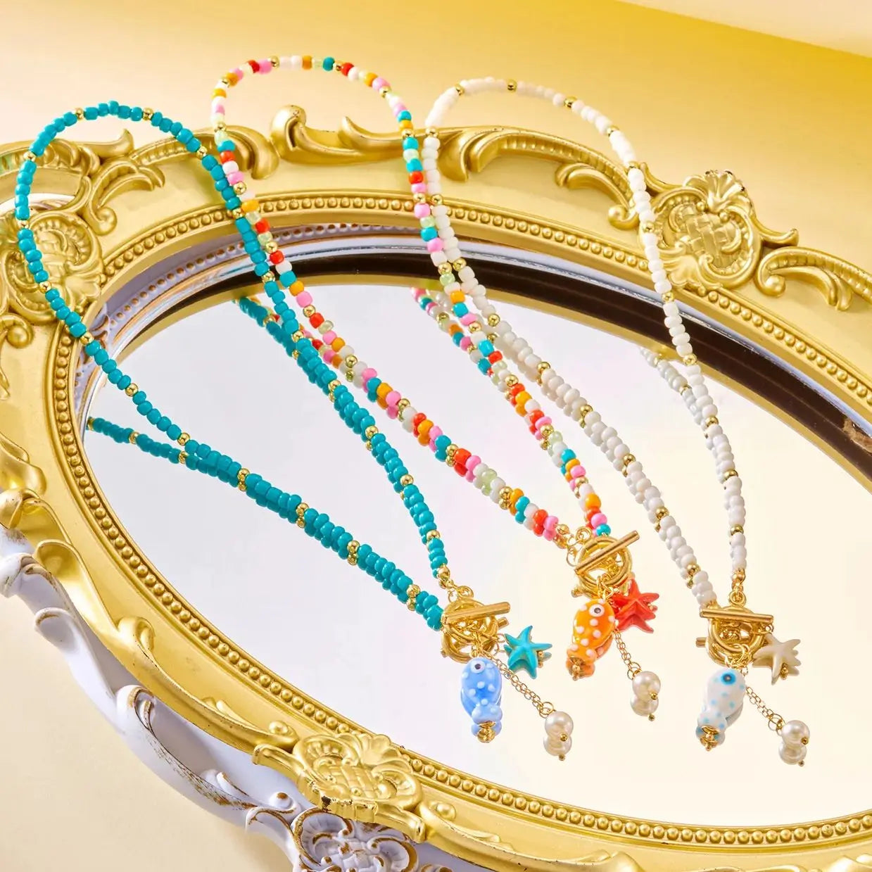 Bohemian Ceramic Fish & Starfish Pendant Necklaces for Women Men Colorful Rice Beaded Chain Necklaces Lightweight Beach Jewelry