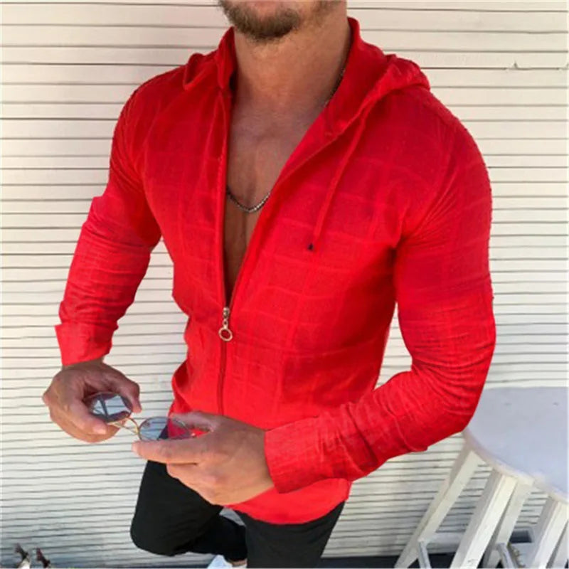 2026 Summer New Men's Cotton Linen Hooded Shirt Lightweight Casual Zipper Slim Fit Vacation Tops Sun Protection Clothing