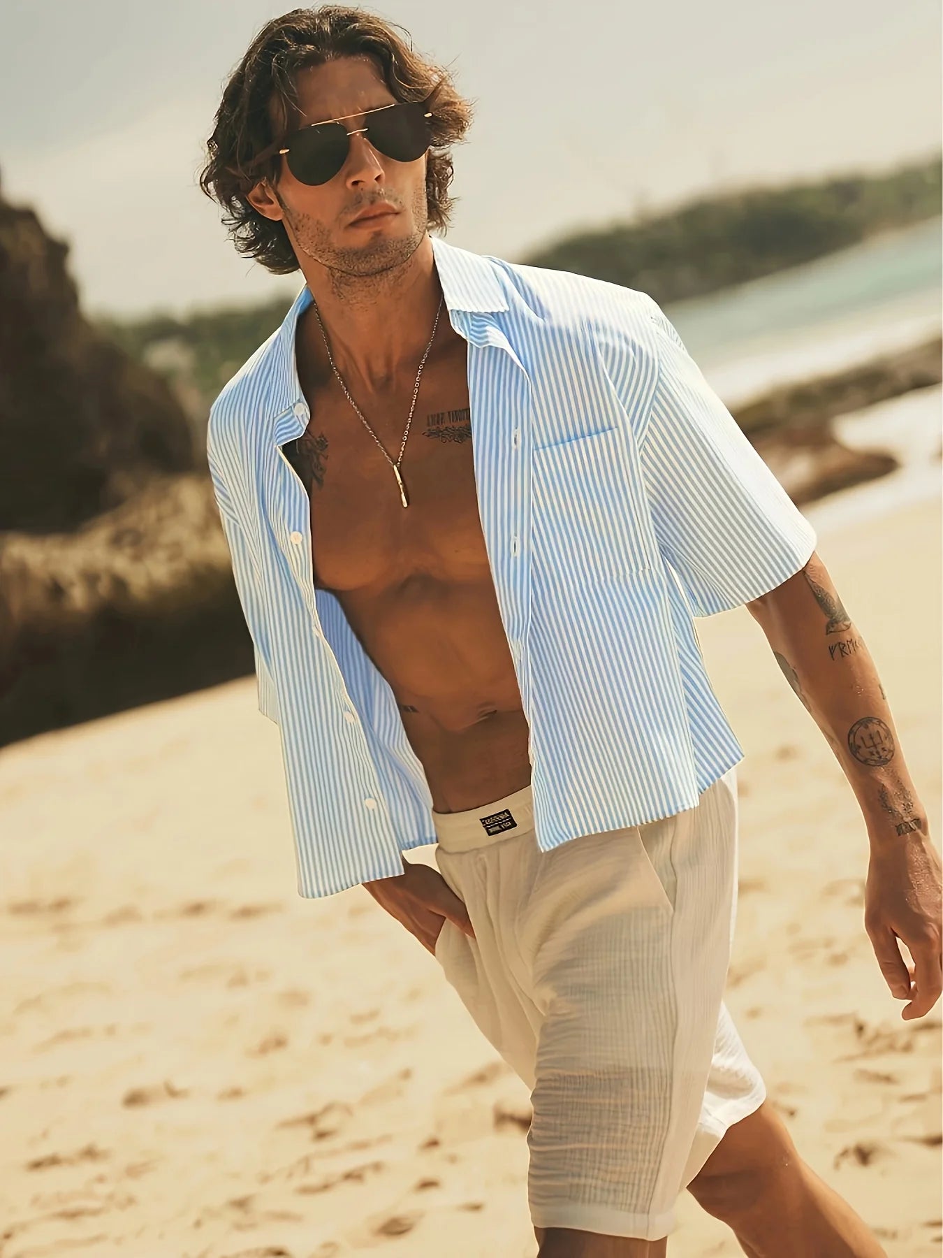 Men's striped comfortable short sleeved shirt, suitable for spring and autumn wear, suitable for festivals and daily outings