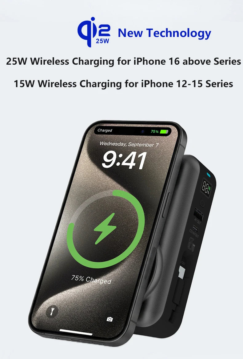 Solid-state Battery Qi2.2 25W Magnetic Wireless Power Bank PD65W Fast Charger for iPhone 17 iWatch Laptop Powerbank with AC Plug
