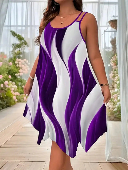 Plus-size women's fashion asymmetrical geometric stripes printed double strap dress