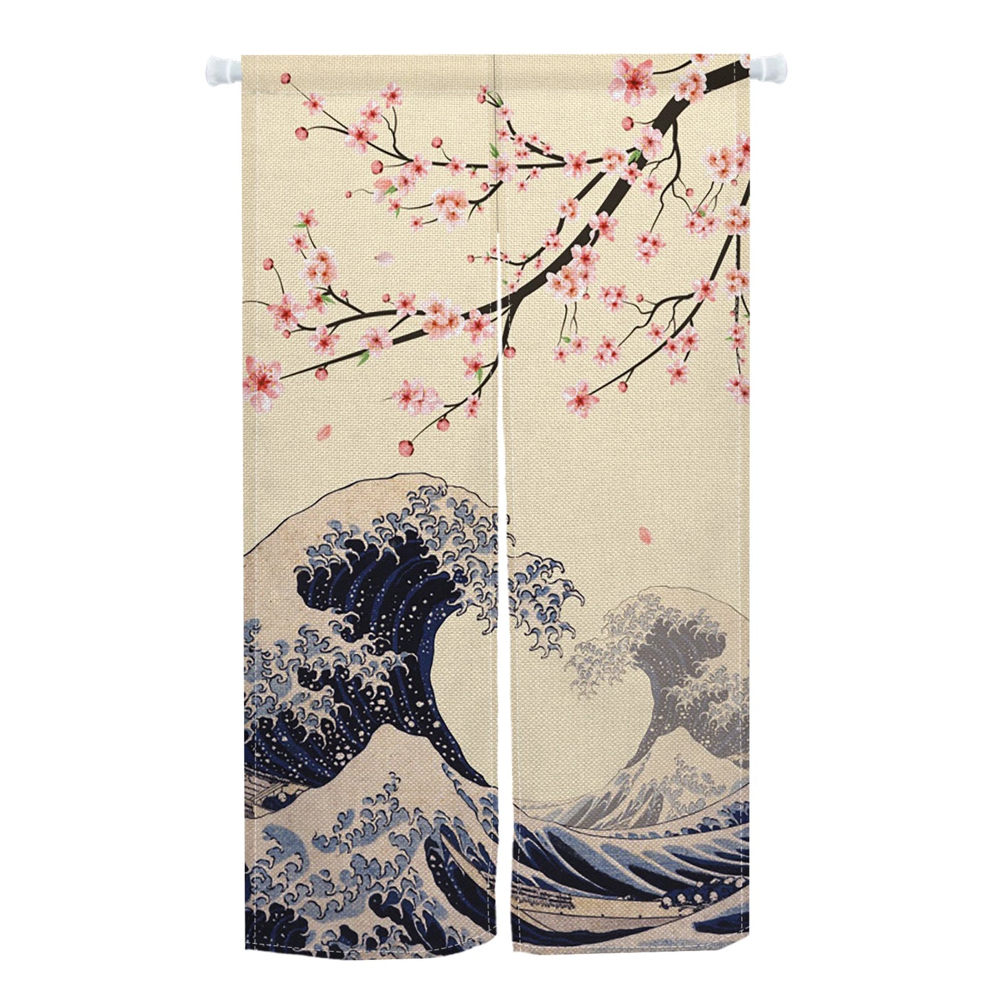 Japanese Door Curtain - Cherry Blossom Curtain With Kanagawa Wave Design | Linen Door Panel