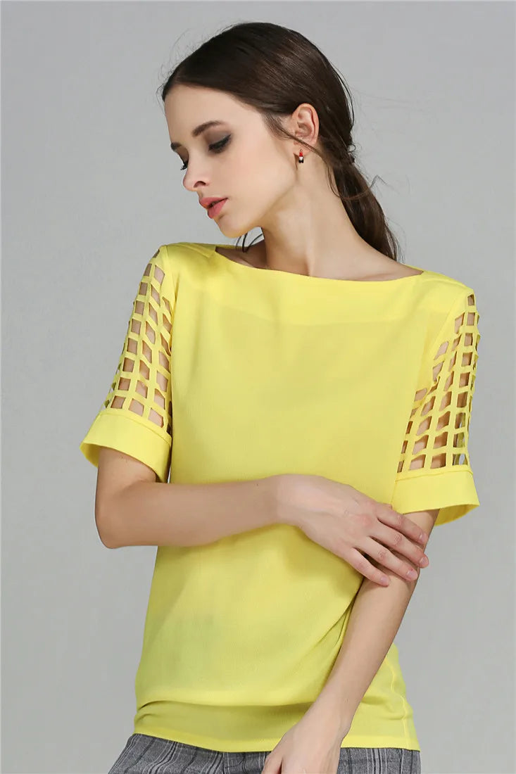 Summer Fashion Women Blouses & Shirts Hollow Out Sleeve Slash Neck Chiffon Blouse Plus Size