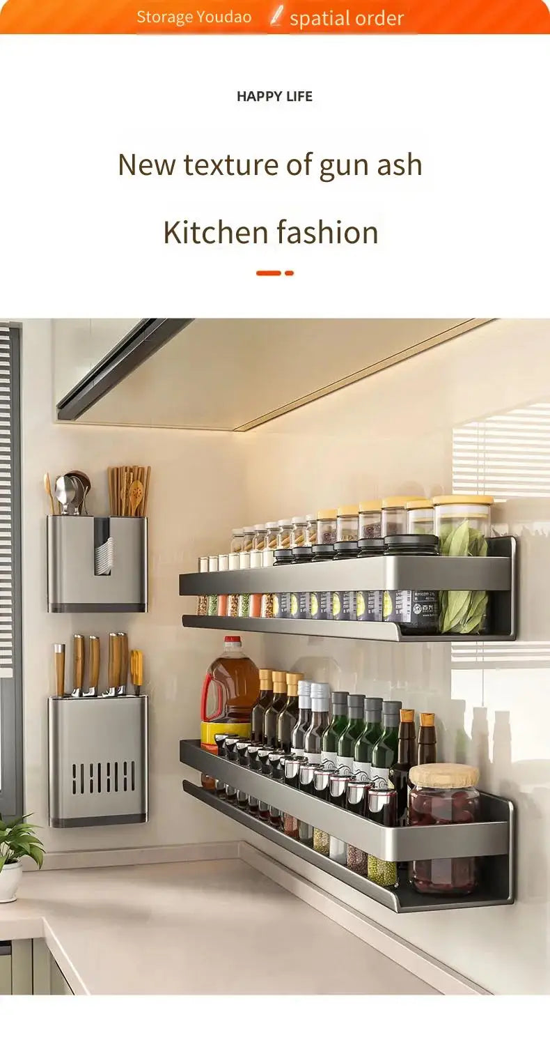 Multifunctional Wall-Mounted Spice Rack Kitchen Condiment Storage Shelf Holds Seasonings Tools Essential Kitchen Organizer Shelf