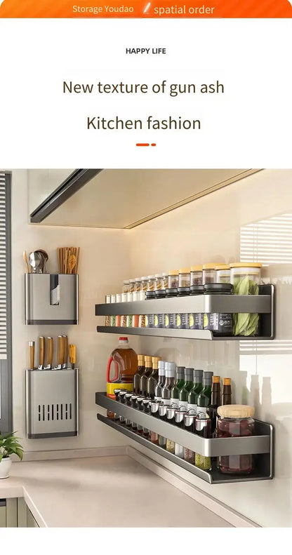 Multifunctional Wall-Mounted Spice Rack Kitchen Condiment Storage Shelf Holds Seasonings Tools Essential Kitchen Organizer Shelf