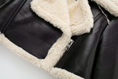 Faux Leather Jacket - Women's Winter Coat With Zipper Front & Turn-Down Collar