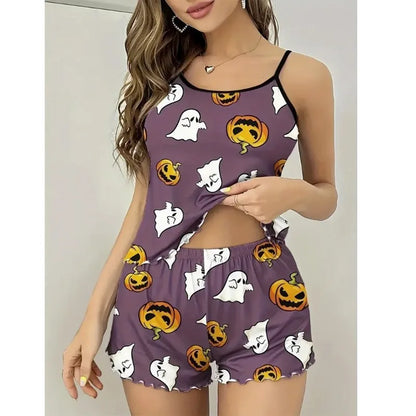 Halloween Pumpkin Print Pajama Set Womens Cute Ribbed Cami Crop Top and Shorts Two Piece Sleepwear Lettuce Hem Y2K Loungewear