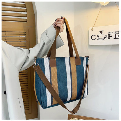 Striped Canvas Tote - Women's Crossbody Shoulder Bag With Zipper Closure, Versatile Daily Use