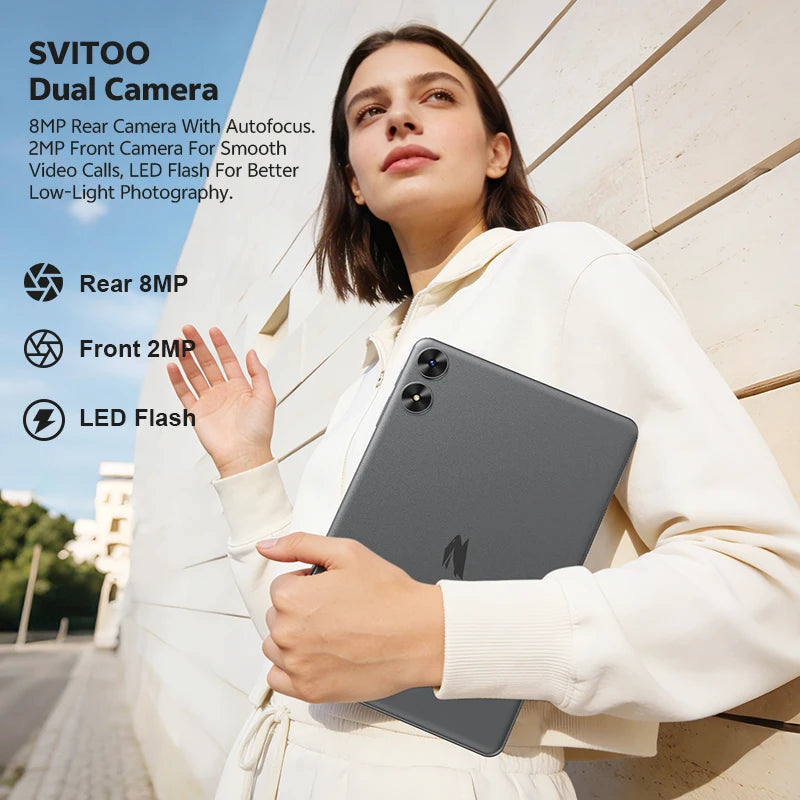 SVITOO Tablet For Kids 2026 Android 16 10.1 Inch Unisoc T7250 Octa-Core Processor 4GB Physical RAM + 16GB Virtual RAM 128GB ROM 1TB Expandable 6600mAh Battery Dual Band 2.4GHz 5GHz WiFi 5 Bluetooth 5.0 GPS Widevine L1 With Ca