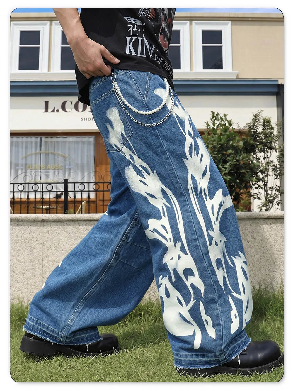 LIYS Men's American High Street Flame Printed Jeans Retro Fashion Loose Wide Leg Hairy Straight Leg Floor Pants Trendy Brand Y2K