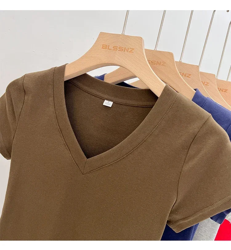 Summer Sexy V-neck Slim T Shirt Women Cotton Basic Solid Crop Tops Female Casual Tops Short Sleeve T-shirts 2026