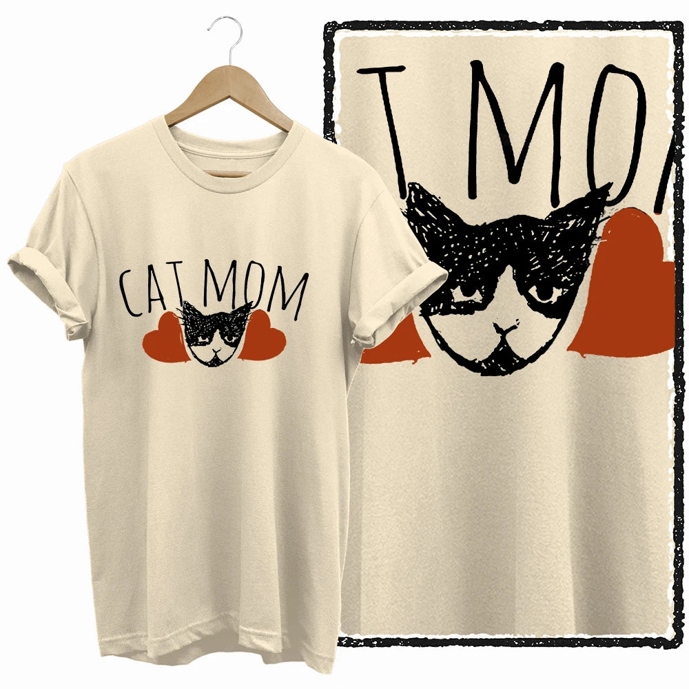 COOLMIND BEIGE cat print exclusive graphic 100% cotton women T shirt big size loose cotton cat lover women tshirt LOVELY cat tee