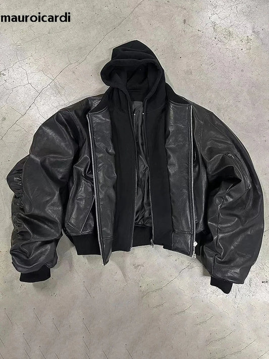 Mauroicardi Autumn Winter Oversized Cool Black Thickened Warm Pu Leather Jacket Men Hood Luxury Designer Fake 2 Clothes