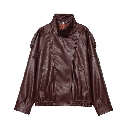Faux Leather Jacket – Women's Bomber Jacket With Snap Button | Office Outerwear Coat