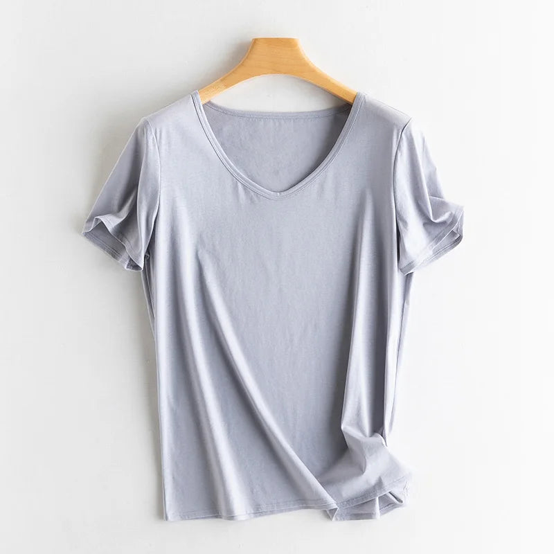 Women's V-Neck T-Shirt – Silk-Linen-Cotton Solid Summer Tee