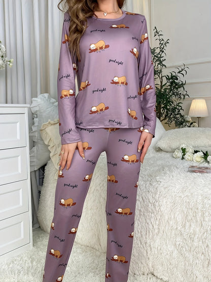 Women's new style casual pajamas set cartoon long sleeves and pants two sets of cute home wear