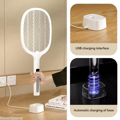 Electric Fly Swatter Handheld Fly Killer and Mosquito Trap Lamp Safe Rechargeable for Home Office Backyard Patio Camping