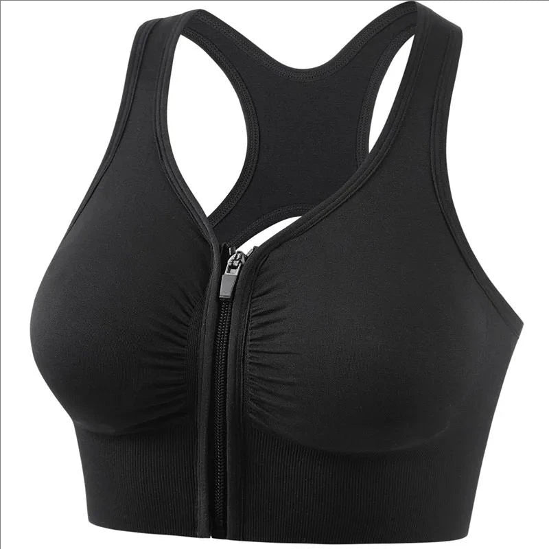 Women's Sports Bra - Plus Size Zipper Shock Resistant Bra with Gathered Brassiere Support